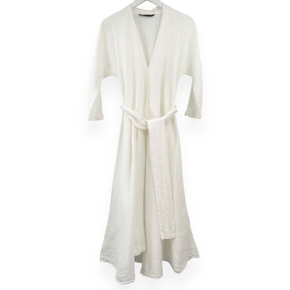 Zara White Three Quarter Sleeve Lightweight Linen Belted Midi Dress sz XS - Picture 5 of 13